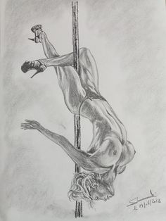 a drawing of a man hanging upside down on a pole