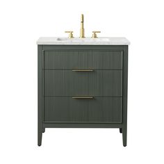 a bathroom vanity with two gold faucets on the top and one white sink