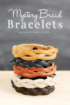 a stack of leather bracelets with the words mystery braid bracelets written on it