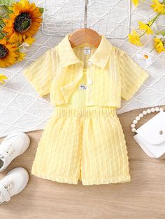 Yellow  Collar   Plain  Embellished Non-Stretch  Baby Girls Clothing Girls Holiday, Summer Yellow, Kids Designer Dresses, Bunny Crafts, Textured Fabric, Girls Jeans, Girls Clothing, Suspenders