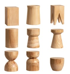 several wooden objects are arranged on a white background