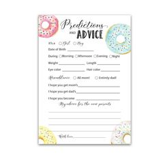 a card with donuts on it and the words, prediants and advice