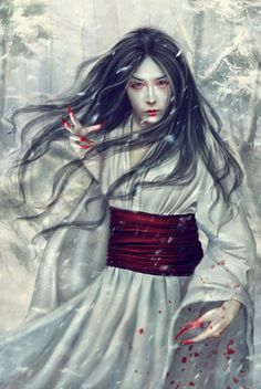 photoshoot inspiration Japanese Reference, Mizore Shirayuki, Woman With Long Black Hair, Yuki Onna, Horror Vintage, Japanese Mythology, Snow Fairy, Japanese Folklore, Fairy Makeup