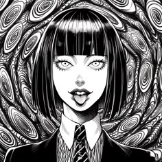 a drawing of a woman with black hair wearing a suit and tie, in front of an abstract background