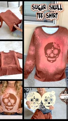 a collage of pictures showing how to make sugar skull tee shirts