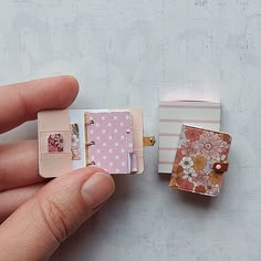 two miniature notebooks are being held by someone's hand