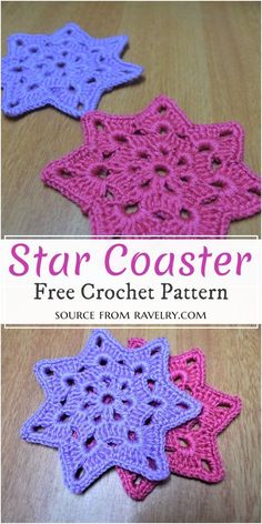 three crocheted star coasters with text overlay that reads, star coaster free crochet pattern