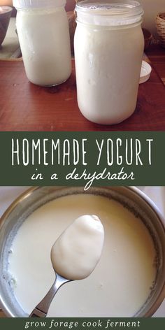 homemade yogurt in a jar with a spoon on the side and an image of it