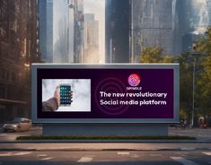 an advertisement for the new revolution social media platform on a city street with skyscrapers in the background