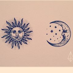 two sun and moon tattoos on the side of a white paper sheet with blue ink