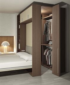 a bedroom with a bed and closets in it