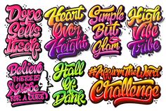 some type of graffiti font with different colors and styles on it, including the words