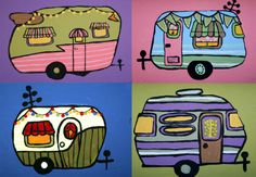 four different colored pictures of an old camper and trailer painted on canvass, each with the same color scheme