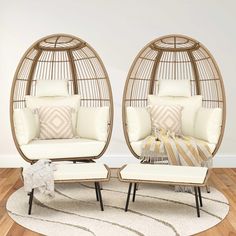 two rattan chairs with pillows on top of them in front of a white rug