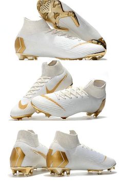 three different views of the nike vapor soccer shoe, with gold accents and white uppers