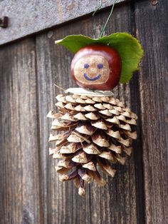 a pine cone with a smiley face on it hanging from the side of a wooden door