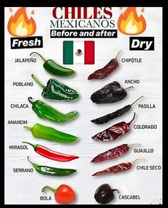 chiles mexicanos before and after dry, with the flag in the middle surrounded by peppers