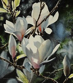 a painting of white flowers on a tree branch