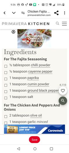 the ingredients for this recipe are displayed on an iphone screen, and there is also a menu