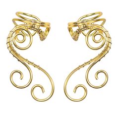 two pairs of gold earrings with swirl designs on them, set against a white background