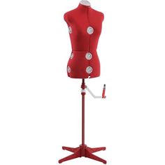 a red mannequin with white buttons on it