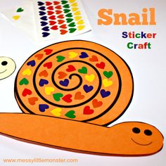 the snail sticker craft is made with construction paper and colored crayon hearts