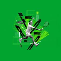 a tennis player is jumping to hit the ball with his racket on a green background