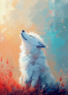 a painting of a white wolf looking up at the sky