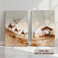 two canvases depicting the birth of jesus and three wise men