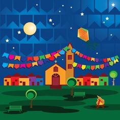 an image of a night scene with kites in the sky and buildings on the ground