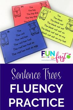 three sentence cards with the words flueny practice on them and an image of two pictures