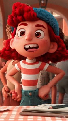 an animated character with red hair standing in front of a table and looking at the camera