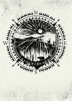 a black and white drawing of mountains with trees in the middle, surrounded by stars