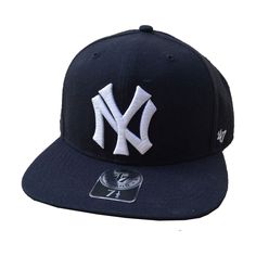 Navy Blue Flat Billed constructed baseball cap with New York Yankees logo embroidered applique on front, '47 on side, and New York on the back. Brand: Forty seven brand Collection: Cooperstown Collection Size: 7 1/2 Material: 85% Acrylic, 15% Wool Navy Baseball Cap With Embroidered Logo, Classic Snapback Hat With Logo Patch For Baseball Season, Baseball Season Snapback Hat With Embroidered Logo, Embroidered Logo Six-panel Snapback Hat For Baseball Season, Navy Snapback Hat With Embroidered Logo, Embroidered Logo Snapback Hat For Baseball Season, Baseball Season Snapback With Embroidered Logo, Navy Baseball Cap With Embroidered Logo For Baseball Season, College Snapback Baseball Cap With Embroidered Logo