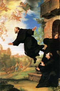 the painting depicts two men in black robes, one with his arms outstretched