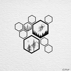 an image of some trees and mountains in hexagons on white paper with black ink