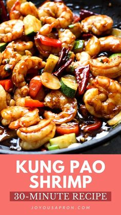 shrimp stir fry in a skillet with vegetables and sauce on the side text reads start cooking shrimp cook shrimp for 1 min add chillies garlic, ginger,