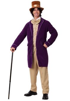 a man in a purple coat and hat is holding a cane