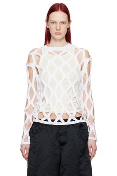 Black Comme des Garçons: White Cutout Sweater | SSENSE Cutout Sweater, Acrylic Sweater, Knit Crewneck, Comme Des Garcons, Knitwear Women, Apparel Accessories, Rib Knit, Knitted Sweaters, Top Brands