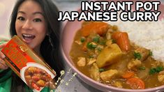 a woman holding up a box of rice next to a bowl of food