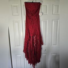 High-Low Dress In Red Lace And Strapless. Red Lace Maxi Dress For Prom, Red Fitted Strapless Dress With Ruffles, Red Bohemian Strapless Dress, Red Sleeveless Fitted Lace Dress, Luxury Red Strapless Dress, Red Sleeveless Dress With Lace Trim, Strapless Red Dress, Dress With Tail, Dark Red Dress