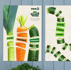 two posters with carrots, celery and broccoli on the wall