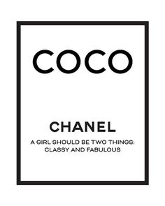 the coco chanel logo is shown in black and white, with text that says coco