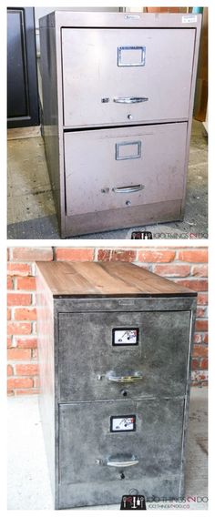 an old metal filing cabinet has been transformed into a side by side photo with the same image