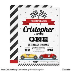 a race car birthday party card with the words, start your engines is turning one get ready to race