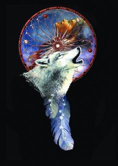 a wolf with its head in the shape of a dream catcher on top of it's head