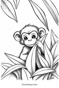 A cartoon of a cute monkey peeking out from behind large leaves with a curious expression. Cute And Easy Drawing Ideas, Aesthetic Outline, Easy Drawing Ideas, Black And White Cartoon, Cute Monkey, Easy Drawing