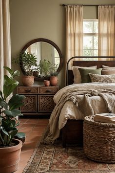 a bed sitting next to a window in a room with plants on top of it