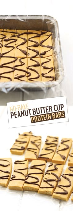 the peanut butter cup protein bars are ready to be cut into squares and put in an oven