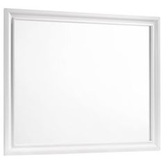 an empty white framed mirror on a white wall with clipping for text or image